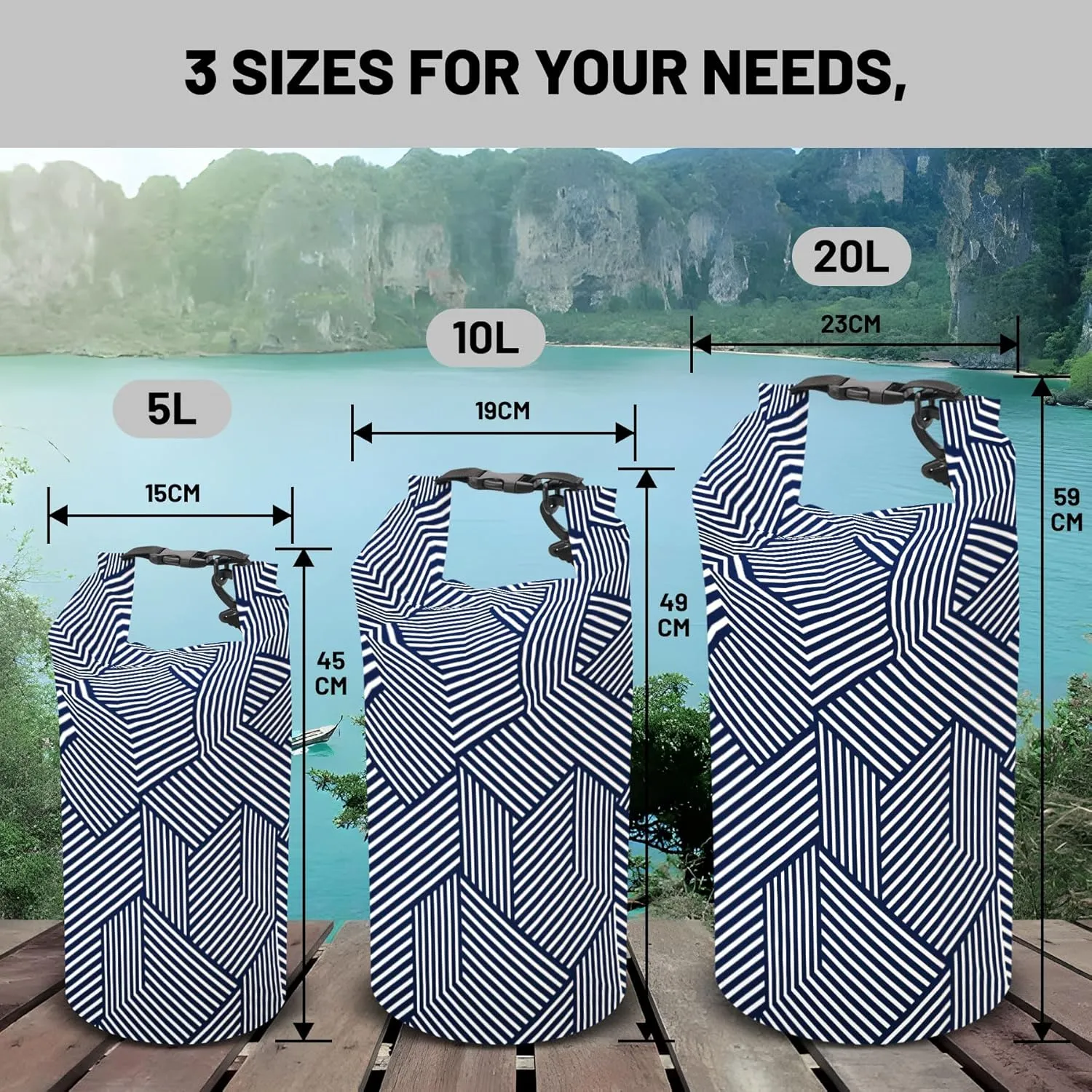 Waterproof Dry Bag,Roll Top Navy and White Geometric Waterproof Backpack 5L/10L/20L Floating and Lightweight Bags for Kayaking, Boating, Fishing, Swimming and Camping