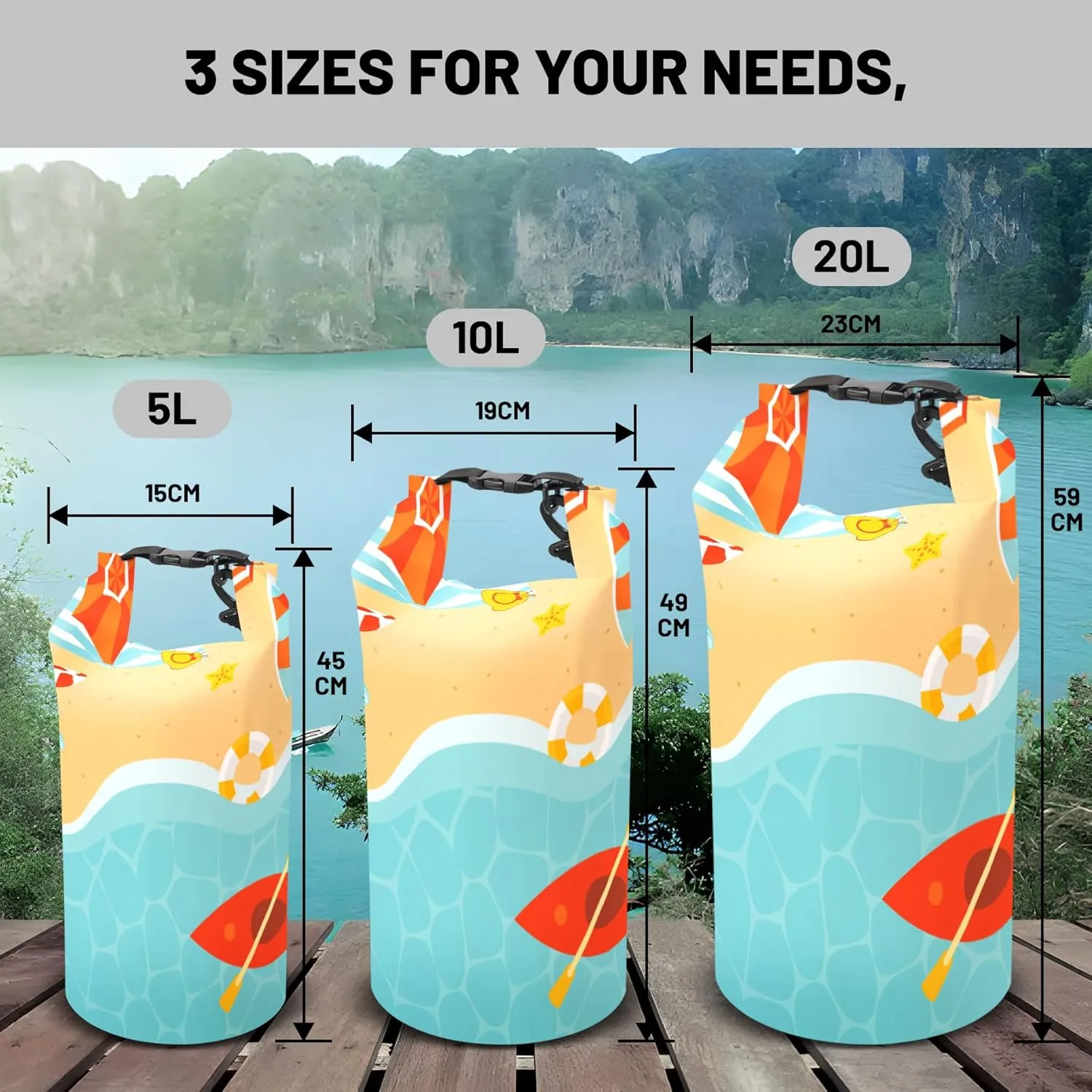 Waterproof Dry Bag,Roll Top Summer Beach Coastal Theme Waterproof Backpack 5L/10L/20L Floating and Lightweight Bags for Kayaking, Boating, Fishing, Swimming and Camping