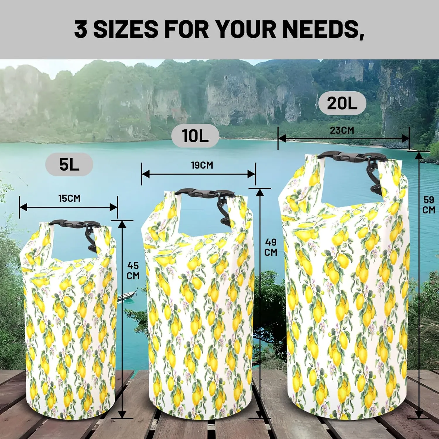 Waterproof Dry Bag,Roll Top Summer Lemon Waterproof Backpack 5L/10L/20L Floating and Lightweight Bags for Kayaking, Boating, Fishing, Swimming and Camping with Waterproof Phone Case