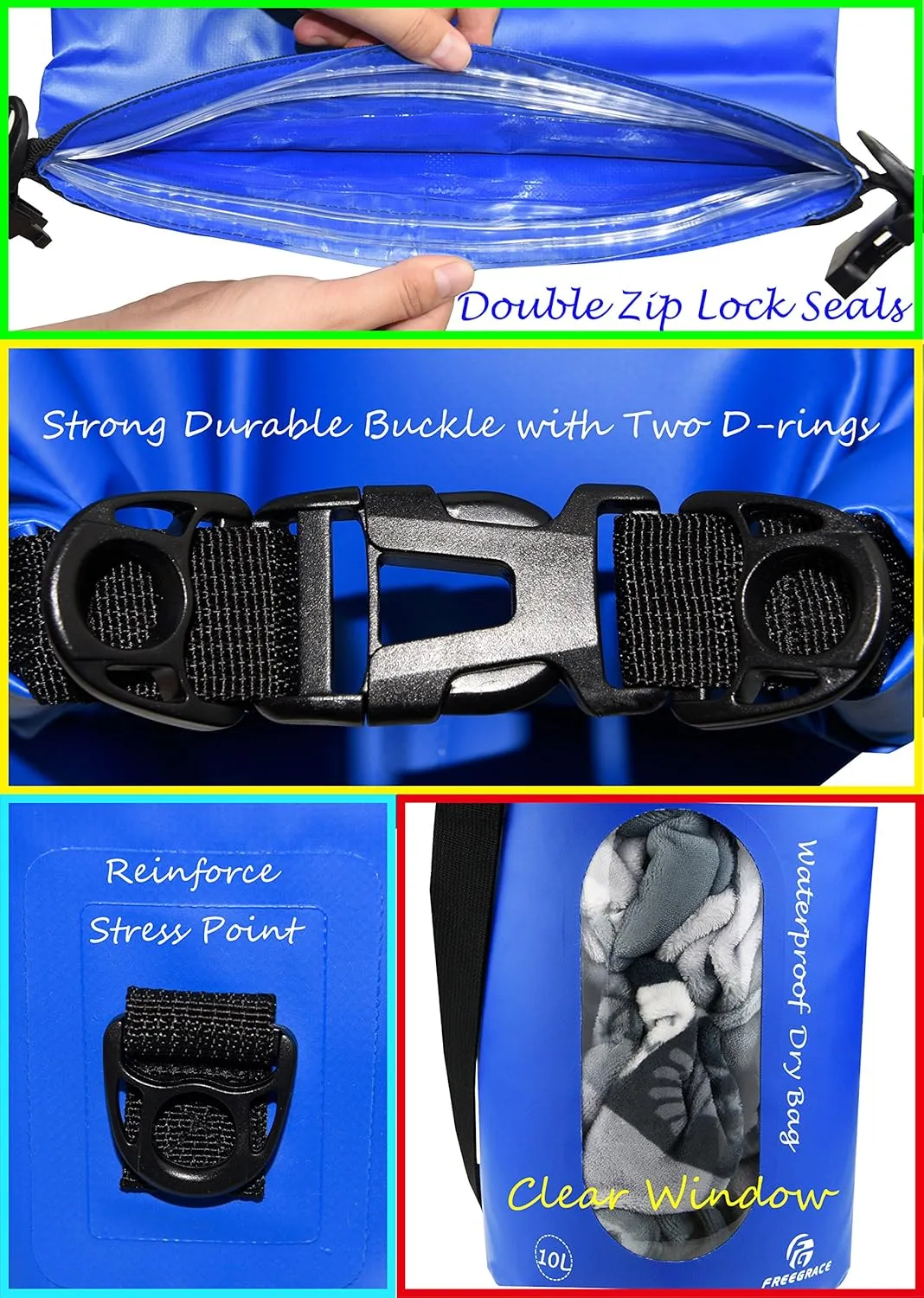 Waterproof Dry Bags Set Of 3 Dry Bag With 2 Zip Lock Seals & Detachable Shoulder Strap, Waist Pouch & Phone Case - Can Be Submerged Into Water - For Swimming (Navy Blue(Window), 10L)