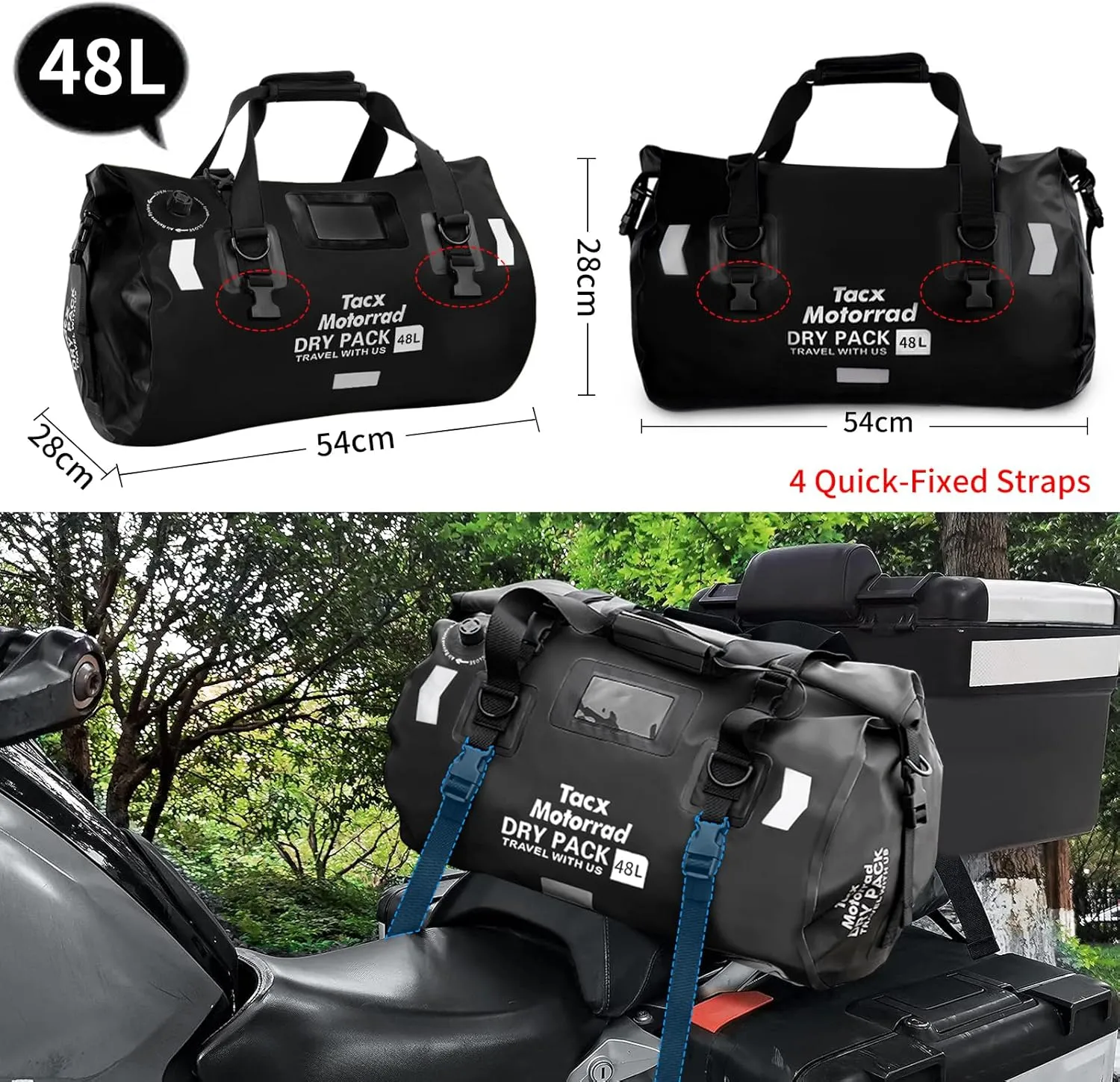 Waterproof Duffel Bag for Men/Women, Roll-top Dry Backpack Duffel Bag with Quick-fixed Straps, Motorcycle Tail Saddle Bag for Motorcycling, Rafting, Boating, Kayaking, Travel, 48L-Black