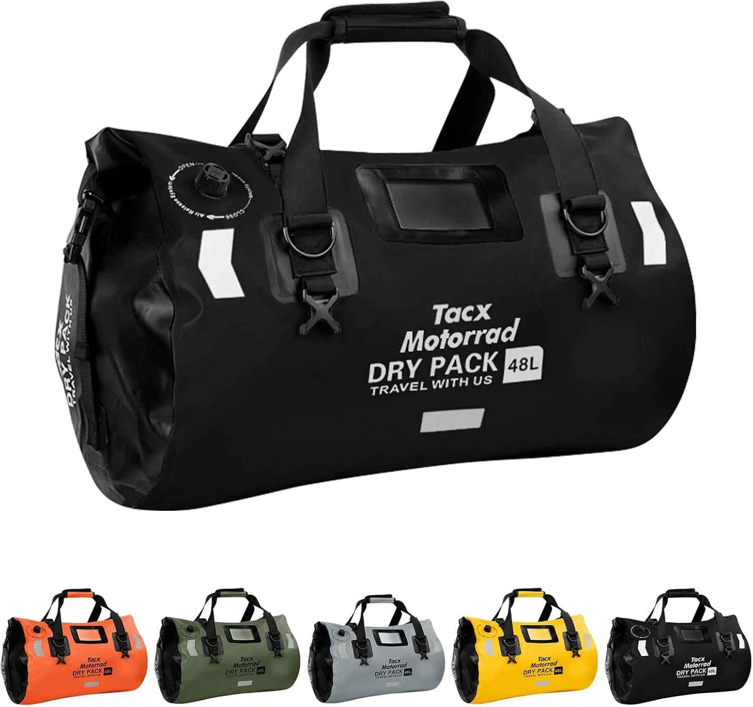 Waterproof Duffel Bag for Men/Women, Roll-top Dry Backpack Duffel Bag with Quick-fixed Straps, Motorcycle Tail Saddle Bag for Motorcycling, Rafting, Boating, Kayaking, Travel, 48L-Black