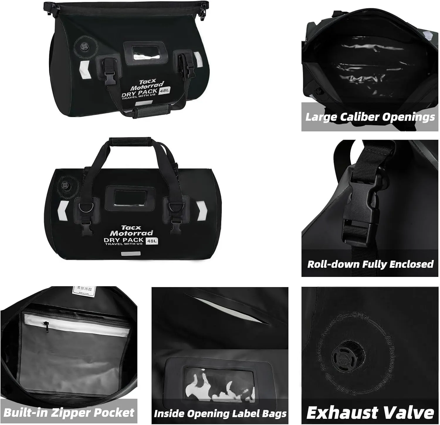 Waterproof Duffel Bag for Men/Women, Roll-top Dry Backpack Duffel Bag with Quick-fixed Straps, Motorcycle Tail Saddle Bag for Motorcycling, Rafting, Boating, Kayaking, Travel, 48L-Black