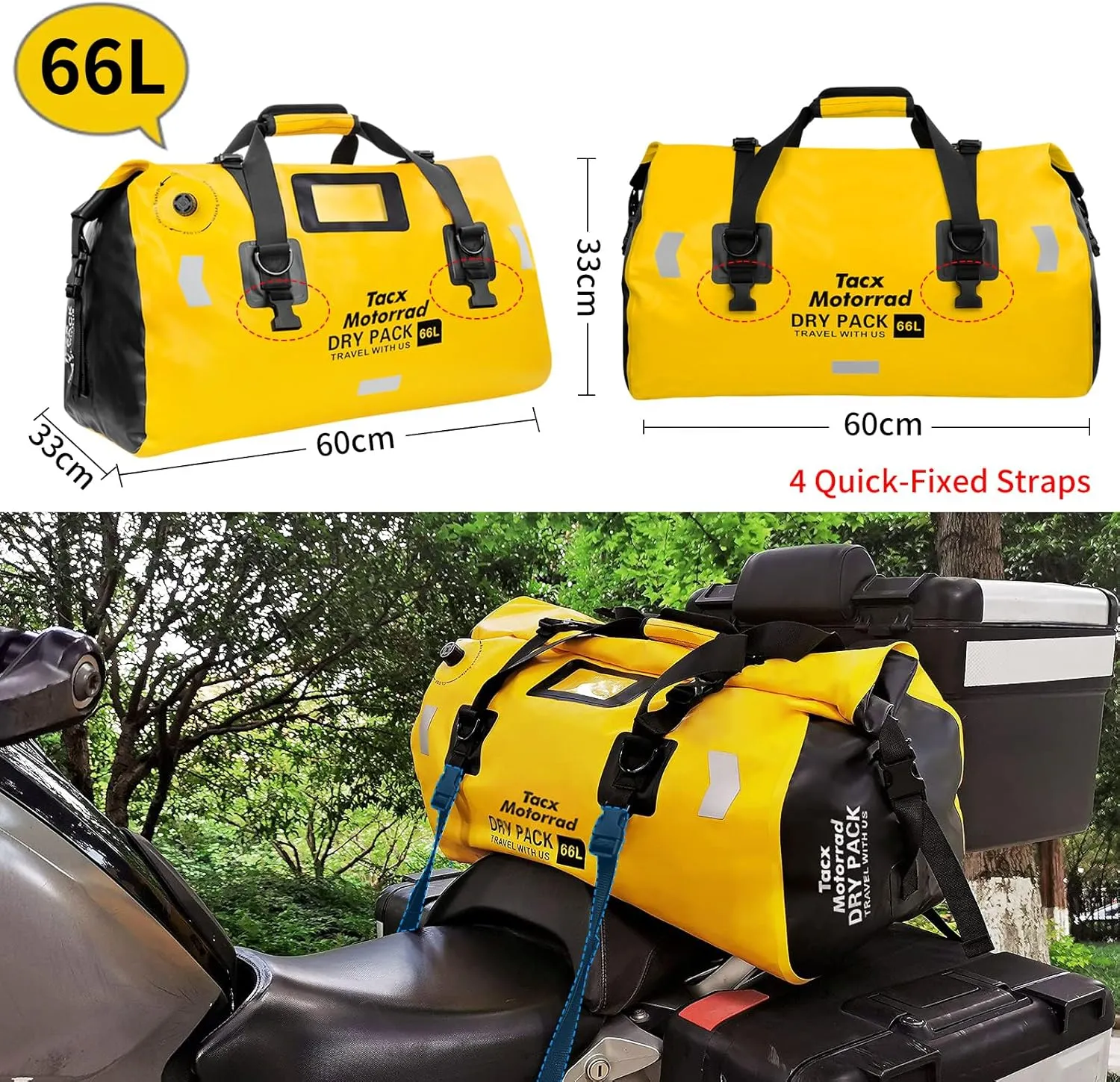 Waterproof Duffel Bag for Men/Women, Roll-top Dry Backpack Duffel Bag with Quick-fixed Straps, Motorcycle Tail Saddle Bag for Motorcycling, Rafting, Boating, Kayaking, Travel, 66L-Yellow