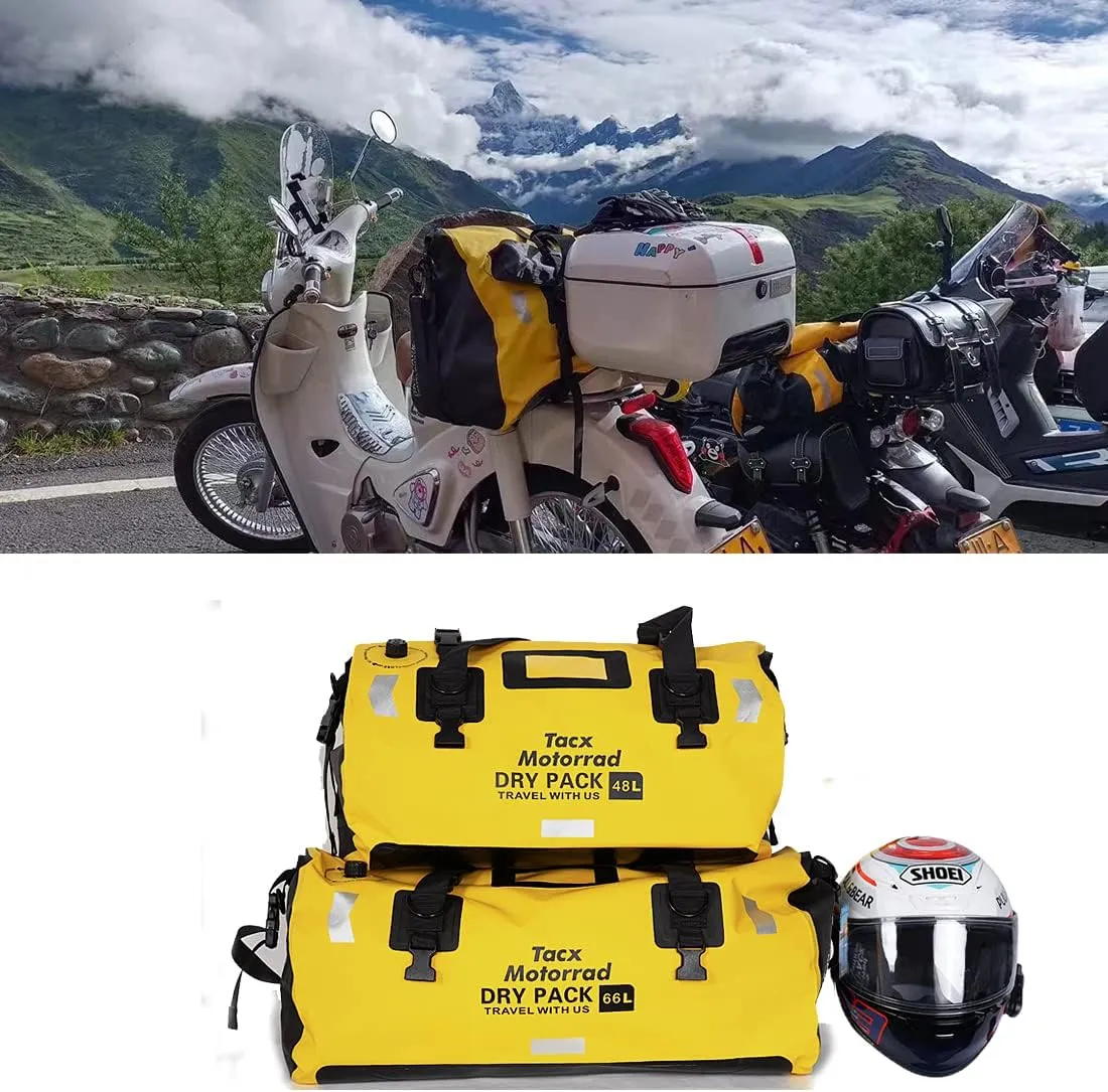 Waterproof Duffel Bag for Men/Women, Roll-top Dry Backpack Duffel Bag with Quick-fixed Straps, Motorcycle Tail Saddle Bag for Motorcycling, Rafting, Boating, Kayaking, Travel, 66L-Yellow