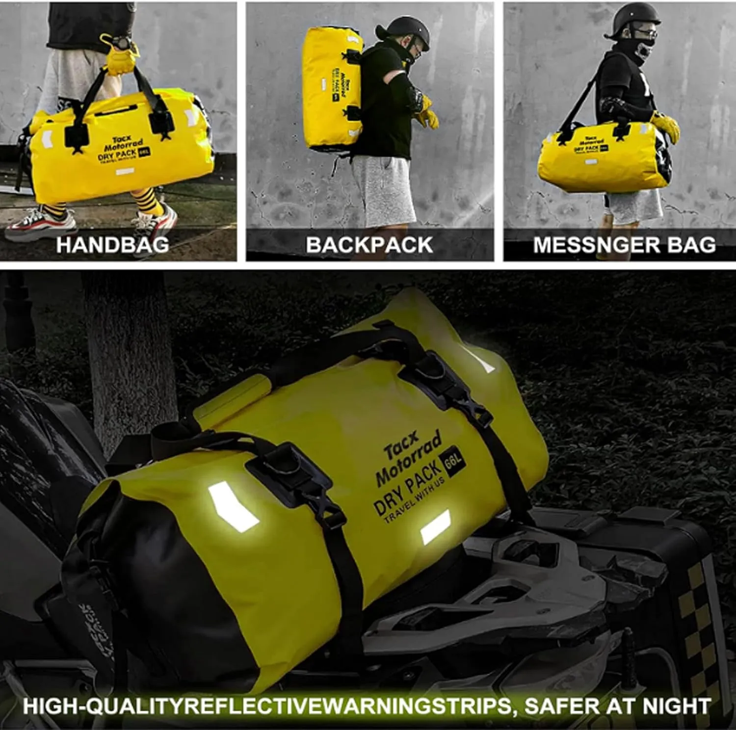 Waterproof Duffel Bag for Men/Women, Roll-top Dry Backpack Duffel Bag with Quick-fixed Straps, Motorcycle Tail Saddle Bag for Motorcycling, Rafting, Boating, Kayaking, Travel, 66L-Yellow