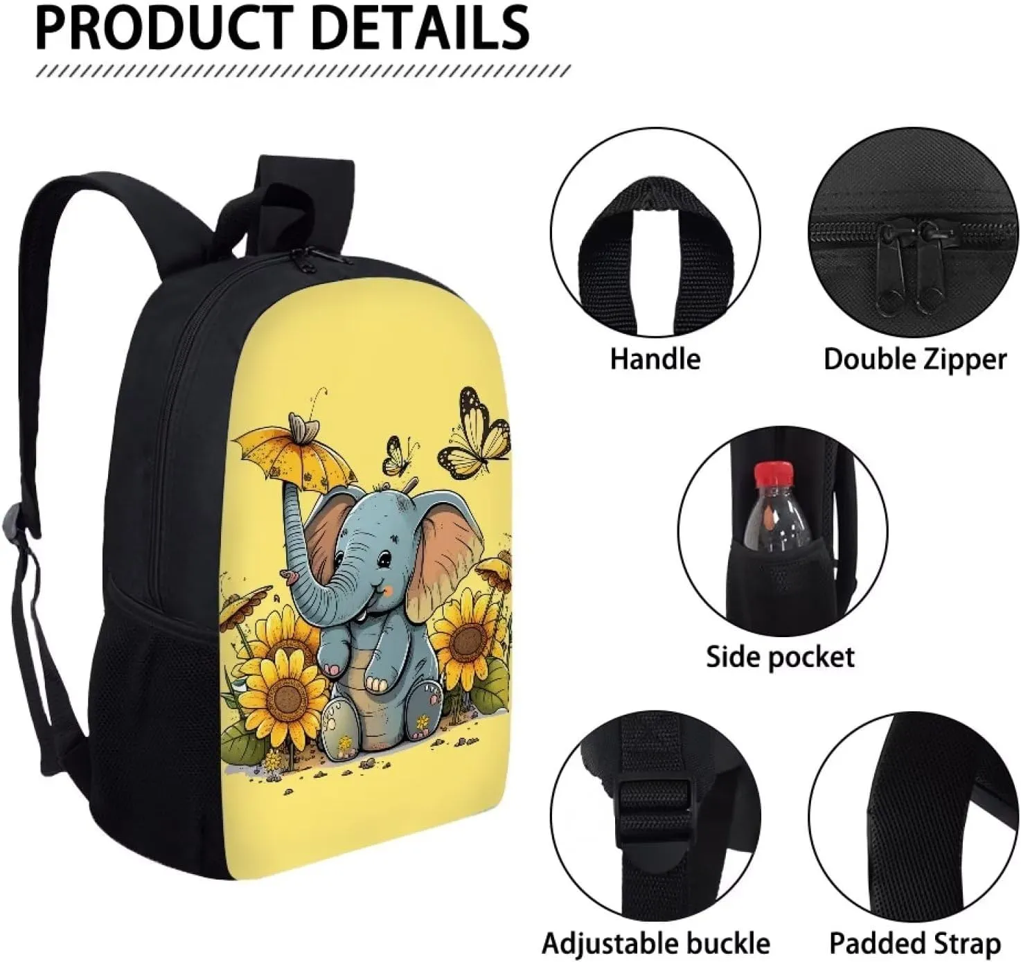 WELLFLYHOM Sunflower Bookbag Cute Elephant Backpack for Middle School Girls Boys Light Weight School Bag Elementary Kindergarten Schoolbag Kids Child Bag Pack Travel Bags Back to School Supplies