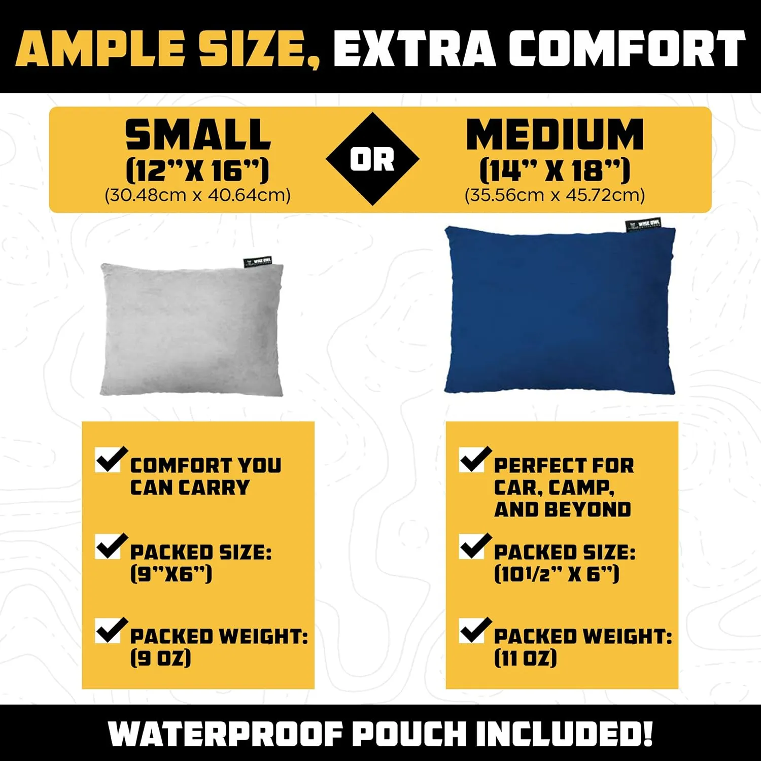 Wise Owl Outfitters Camping Pillow - Camping Essentials and Travel Pillow for Airplanes, Camping, and Travel - Memory Foam Washable Pillow - Small/Medium