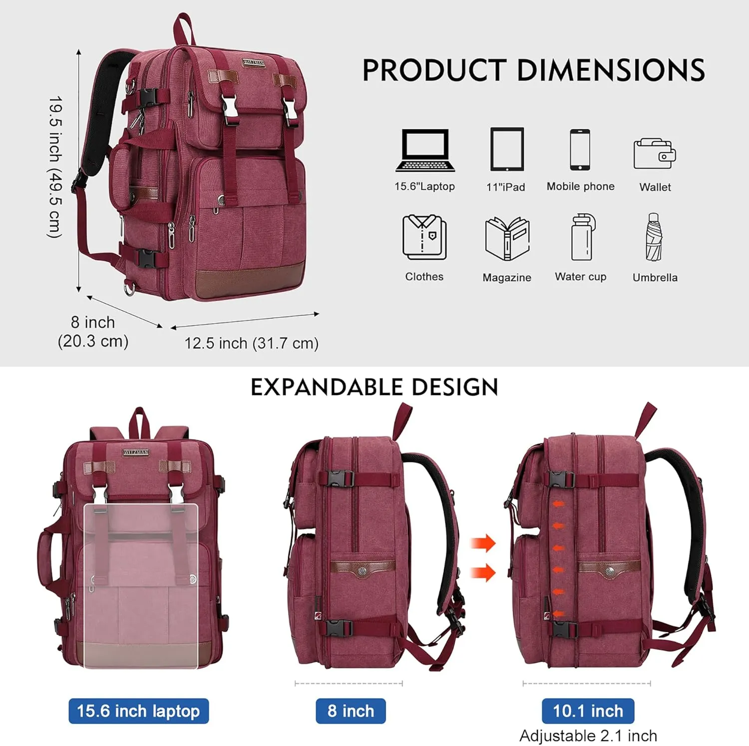 WITZMAN Canvas Travel Backpack for Women Large Laptop Backpack Fit 17 inch Carry-on Airline Approved Convertible Shoulder Rucksack(A6617-3 Red)