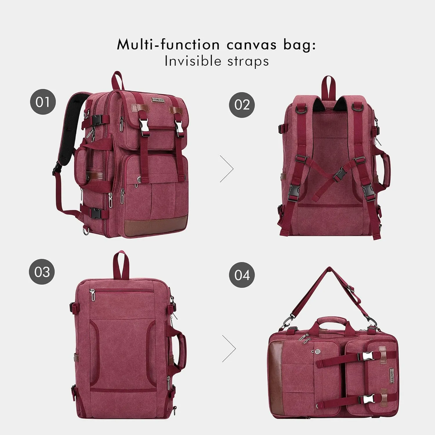 WITZMAN Canvas Travel Backpack for Women Large Laptop Backpack Fit 17 inch Carry-on Airline Approved Convertible Shoulder Rucksack(A6617-3 Red)