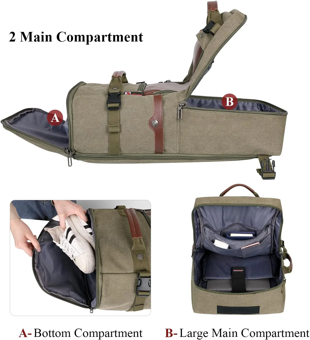 WITZMAN Travel Backpack for Men Women Carry on Luggage Backpack Canvas Rucksack Duffel bag with Shoe Compartment