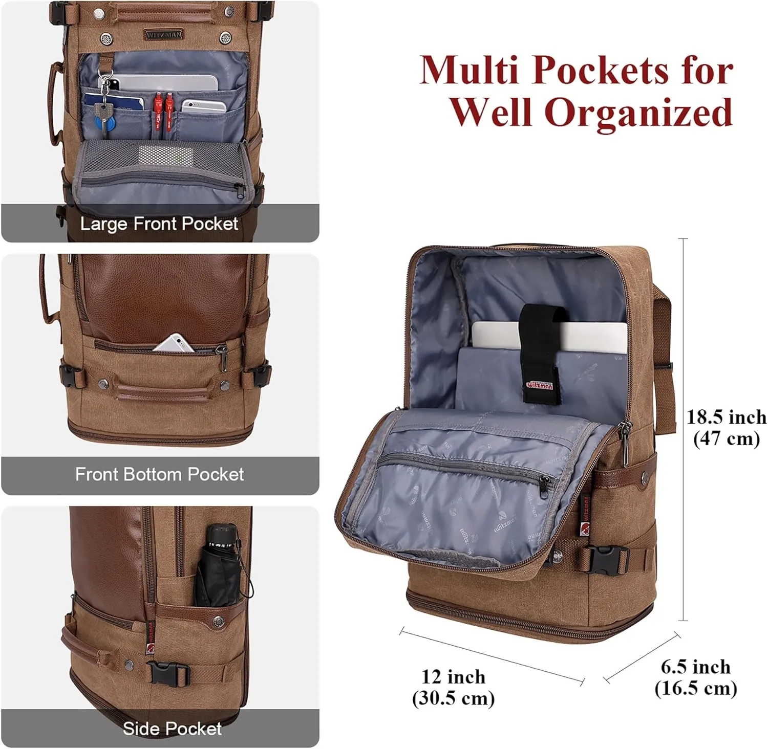 WITZMAN Travel Backpack for Men Women Carry on Luggage Backpack Canvas Rucksack Duffel bag with Shoe Compartment