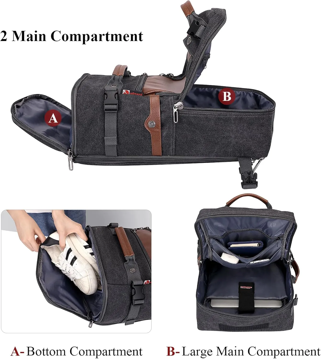WITZMAN Travel Backpack for Men Women Carry on Luggage Backpack Canvas Rucksack Duffel bag with Shoe Compartment