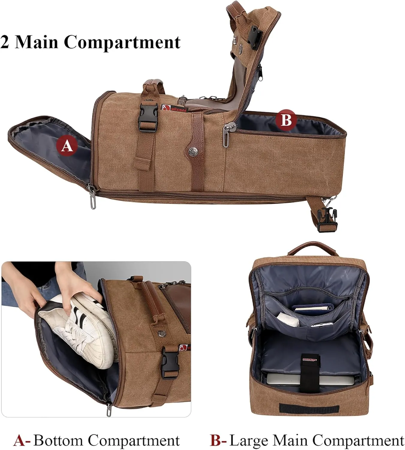 WITZMAN Travel Backpack for Men Women Carry on Luggage Backpack Canvas Rucksack Duffel bag with Shoe Compartment
