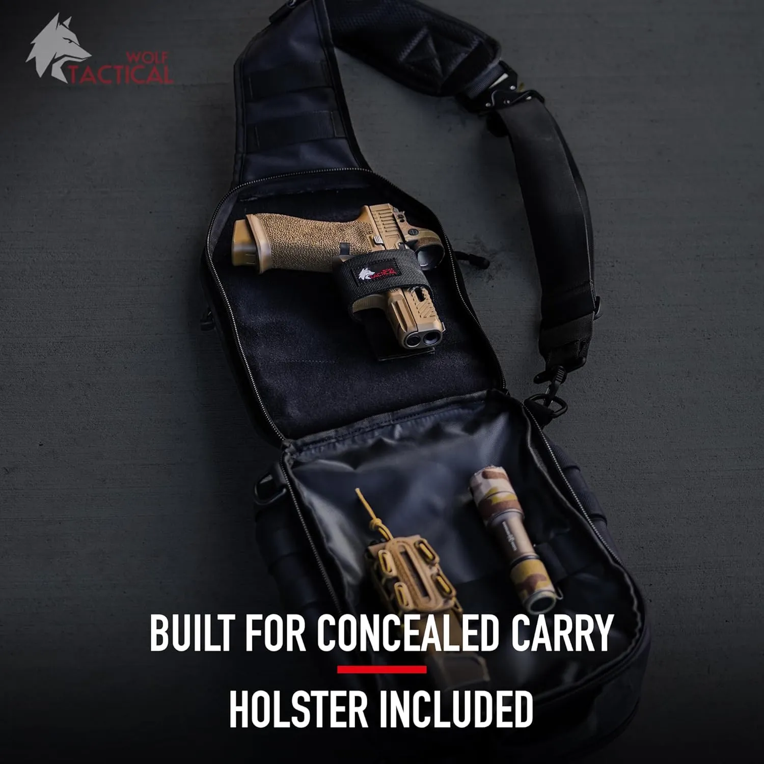 WOLF TACTICAL EDC Sling Bag - Concealed Carry Shoulder Bag for Range, Travel, Hiking, Outdoor Sports (Black Camo)