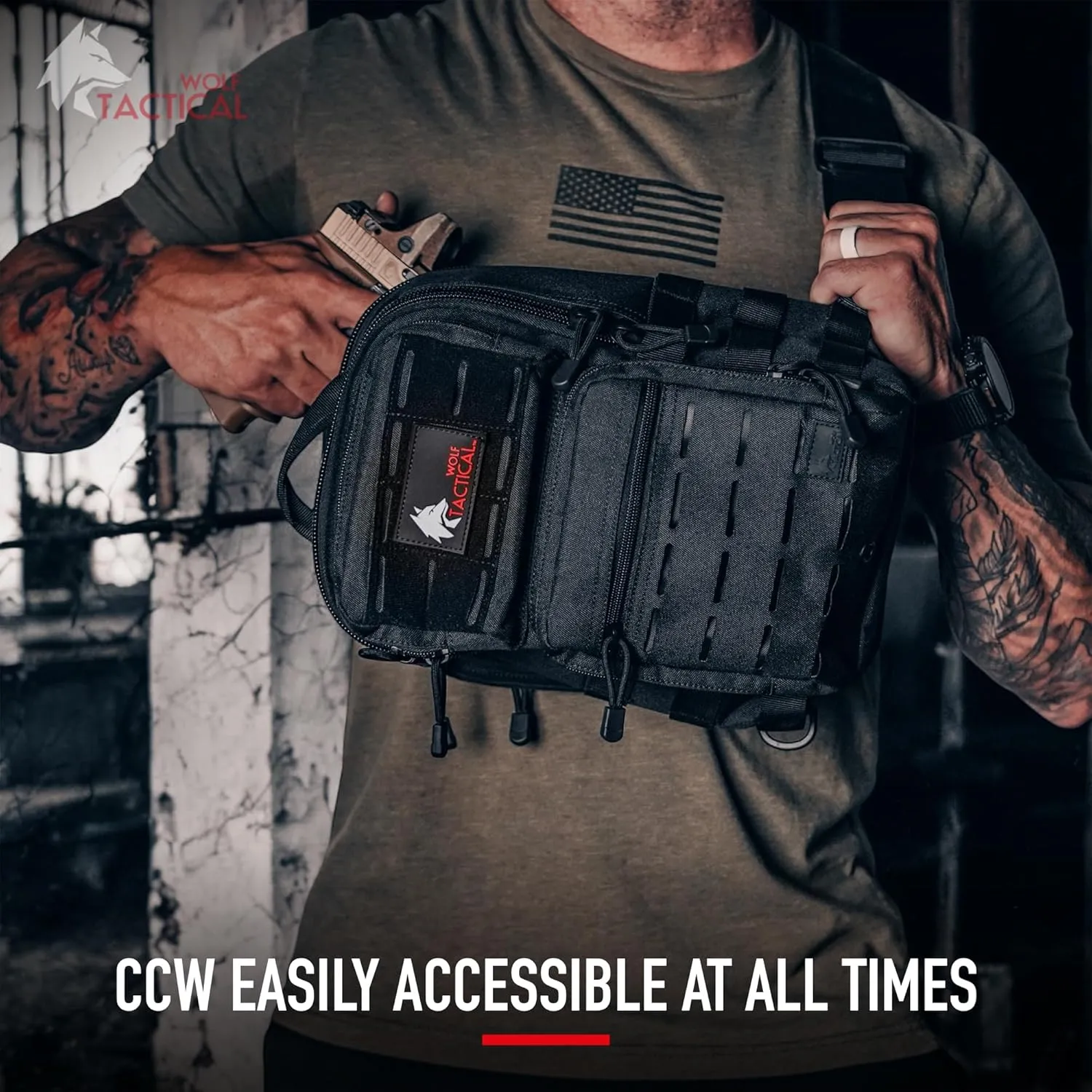 WOLF TACTICAL EDC Sling Bag - Concealed Carry Shoulder Bag for Range, Travel, Hiking, Outdoor Sports (Black Camo)