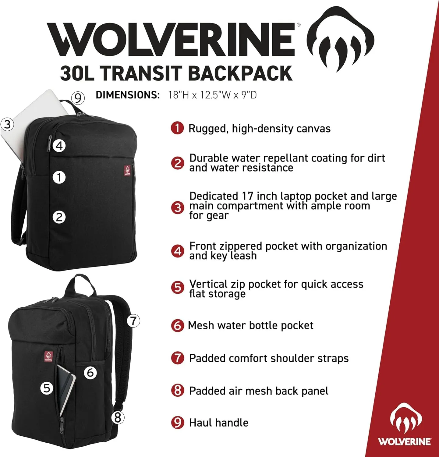 WOLVERINE Lightweight, Water Resistant Rugged Laptop Backpack for Travel or Work, Transit-Chestnut, 30L