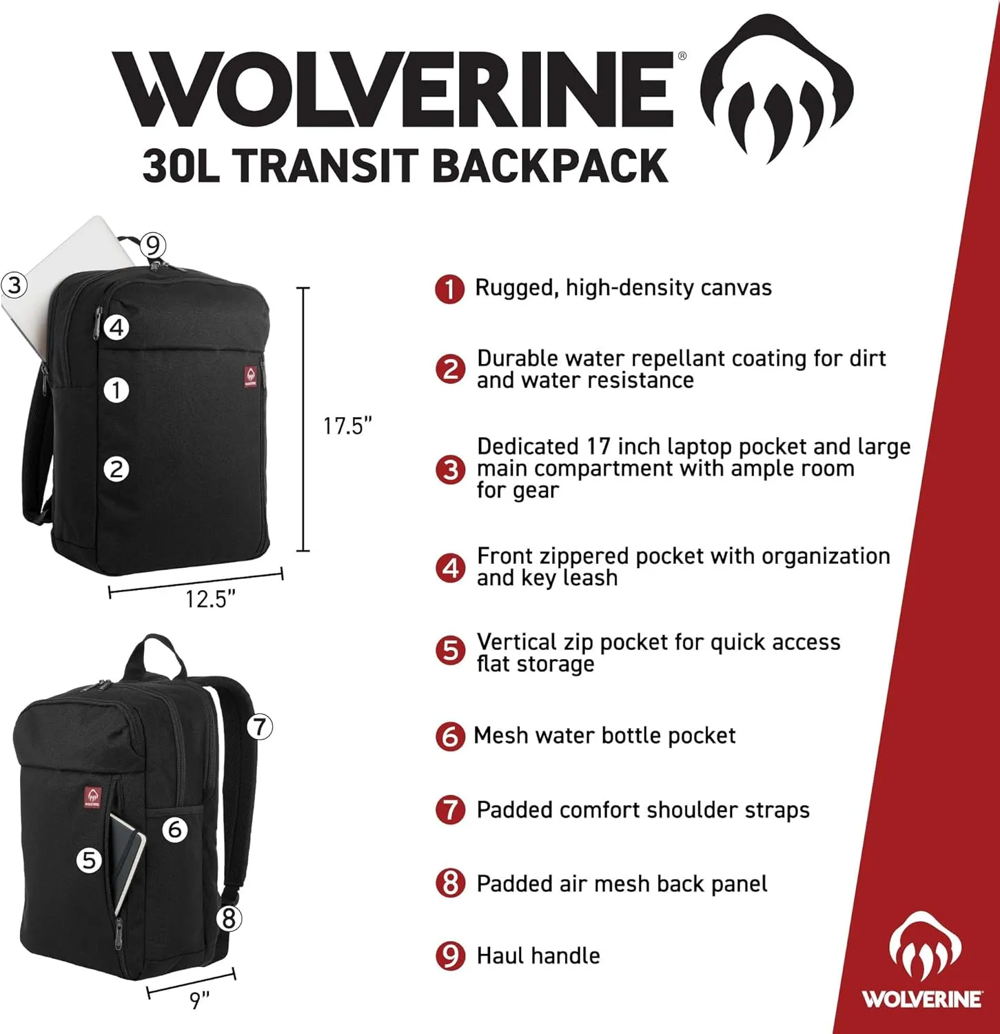 WOLVERINE Lightweight, Water Resistant Rugged Laptop Backpack for Travel or Work, Transit-Chestnut, 30L