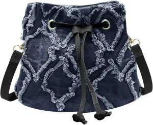 Women Denim Bucket Bag, Jean Small Crossbody Bags for Women, Fashion Rhombus Shoulder Bag with Drawstring