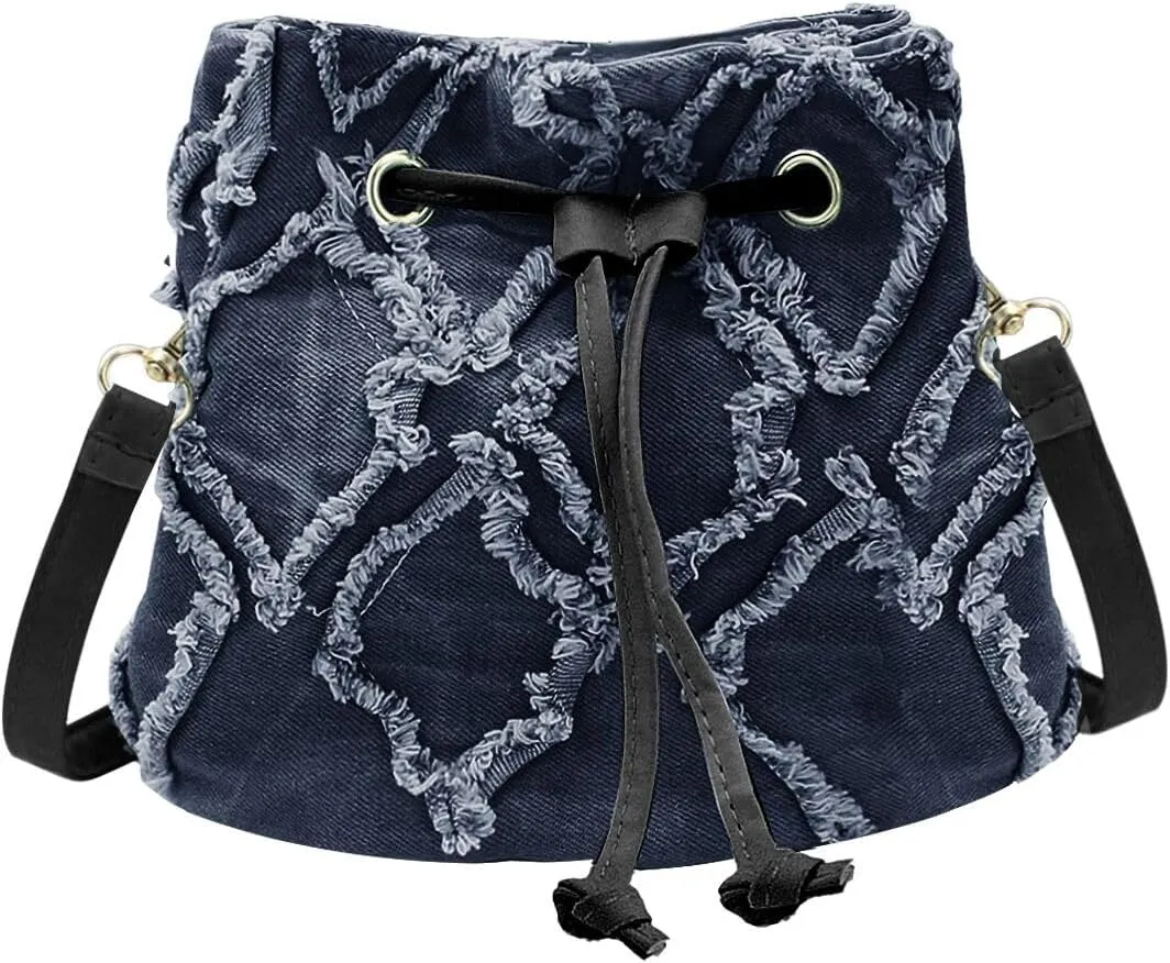Women Denim Bucket Bag, Jean Small Crossbody Bags for Women, Fashion Rhombus Shoulder Bag with Drawstring