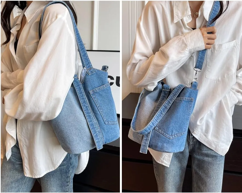Women Denim Bucket Bag Stylish Shoulder Bag Hundred Crossbody Bag Casual Tote for Shopping Work