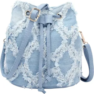 Women Denim Mini Bucket Shoulder Crossbody Bag Drawstring Quilted Distressed Tassel Barrel Shape Satchel Purse