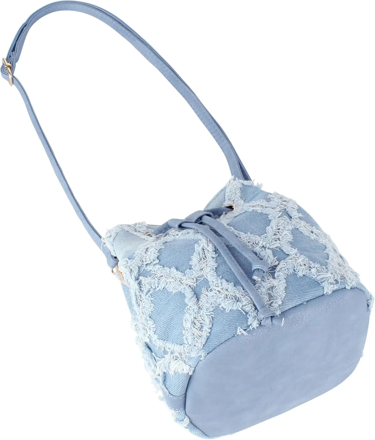 Women Denim Mini Bucket Shoulder Crossbody Bag Drawstring Quilted Distressed Tassel Barrel Shape Satchel Purse