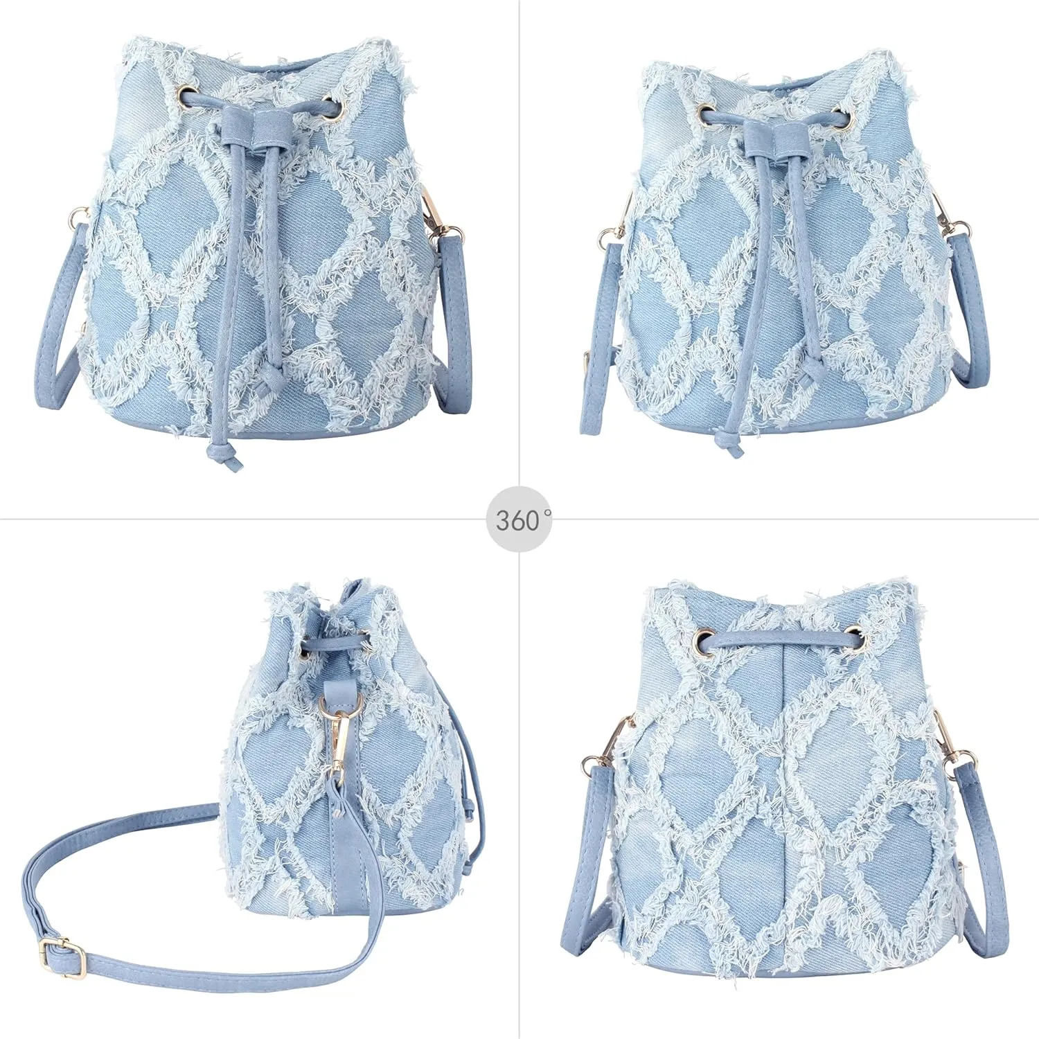 Women Denim Mini Bucket Shoulder Crossbody Bag Drawstring Quilted Distressed Tassel Barrel Shape Satchel Purse