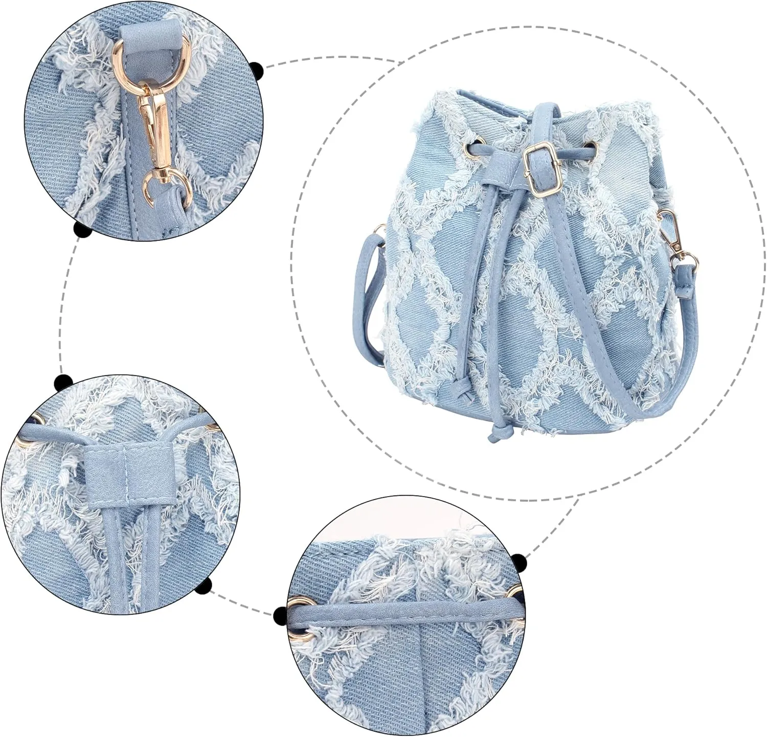 Women Denim Mini Bucket Shoulder Crossbody Bag Drawstring Quilted Distressed Tassel Barrel Shape Satchel Purse