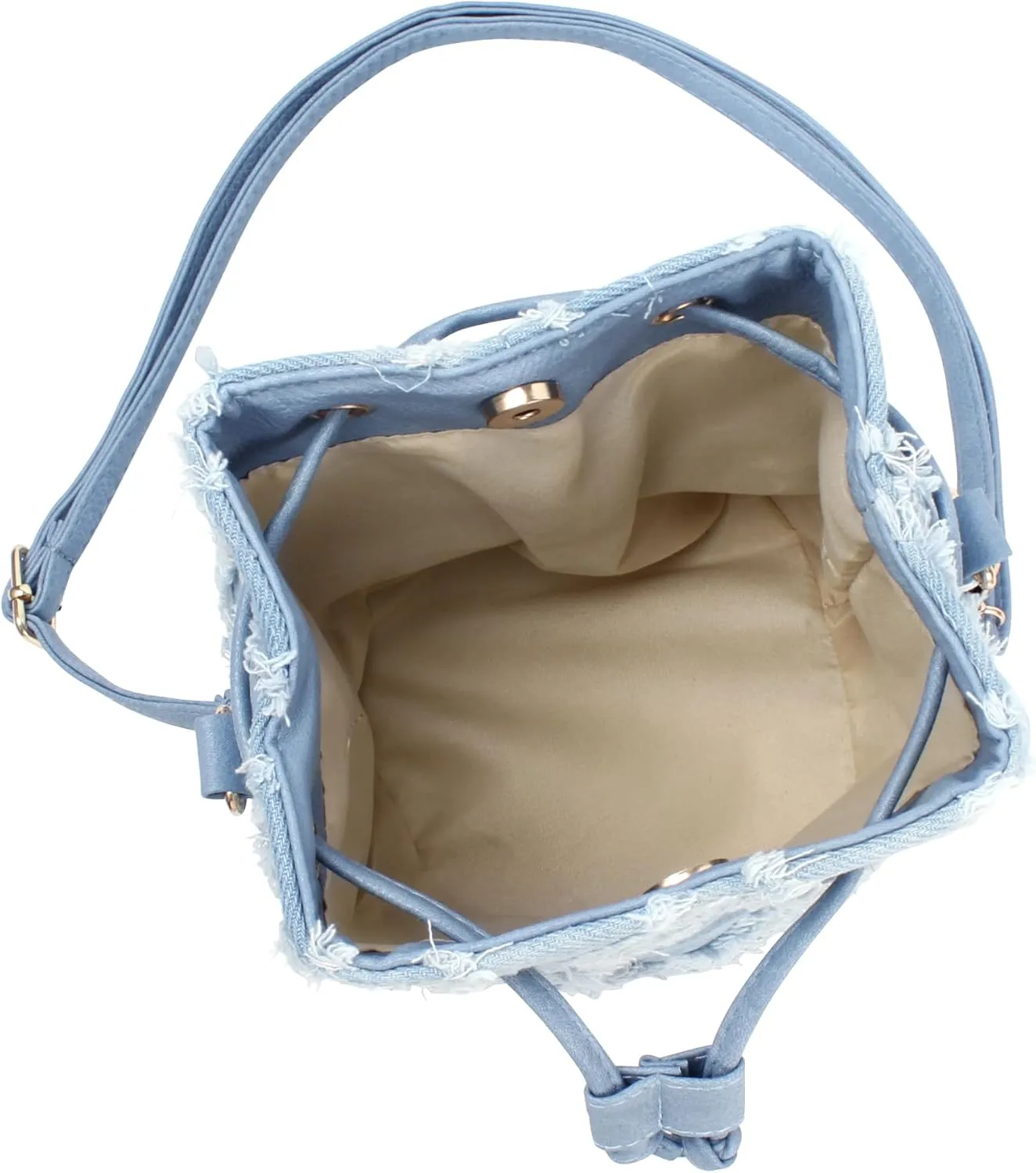Women Denim Mini Bucket Shoulder Crossbody Bag Drawstring Quilted Distressed Tassel Barrel Shape Satchel Purse