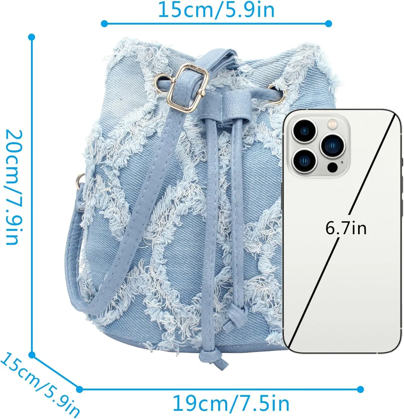 Women Denim Mini Bucket Shoulder Crossbody Bag Drawstring Quilted Distressed Tassel Barrel Shape Satchel Purse