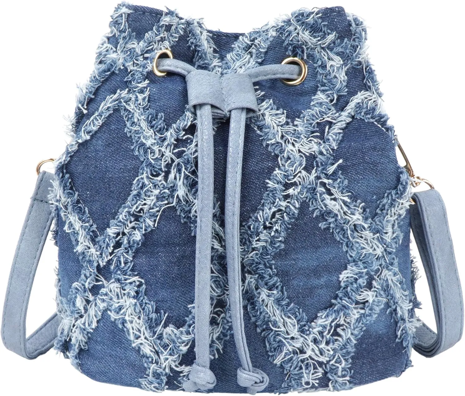 Women Denim Purse Handbag Jean Bucket Drawstring Crossbody Bag Quilted Distressed Tassel Hobo Shoulder Bag