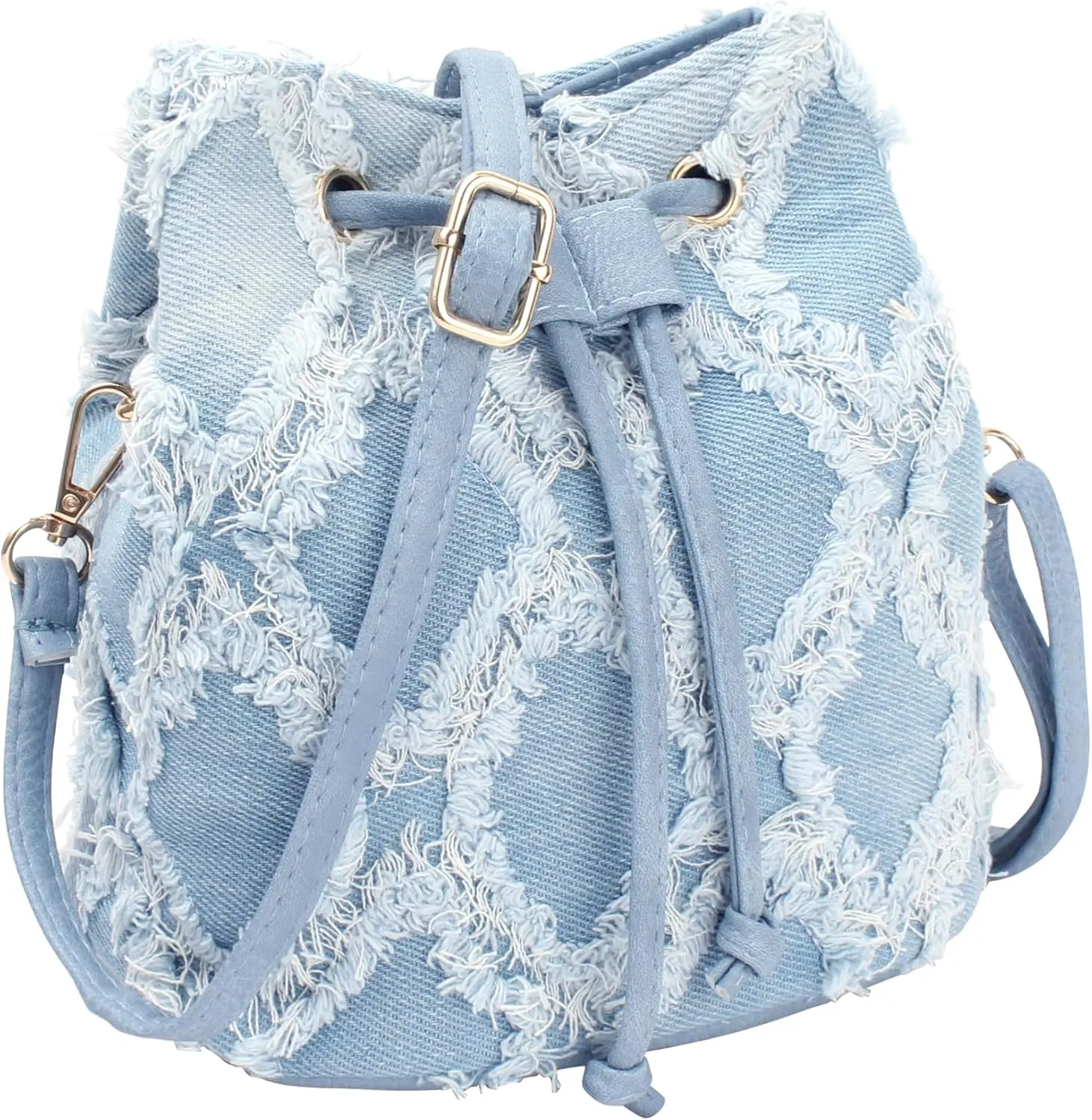 Women Denim Purse Handbag Jean Bucket Drawstring Crossbody Bag Quilted Distressed Tassel Hobo Shoulder Bag