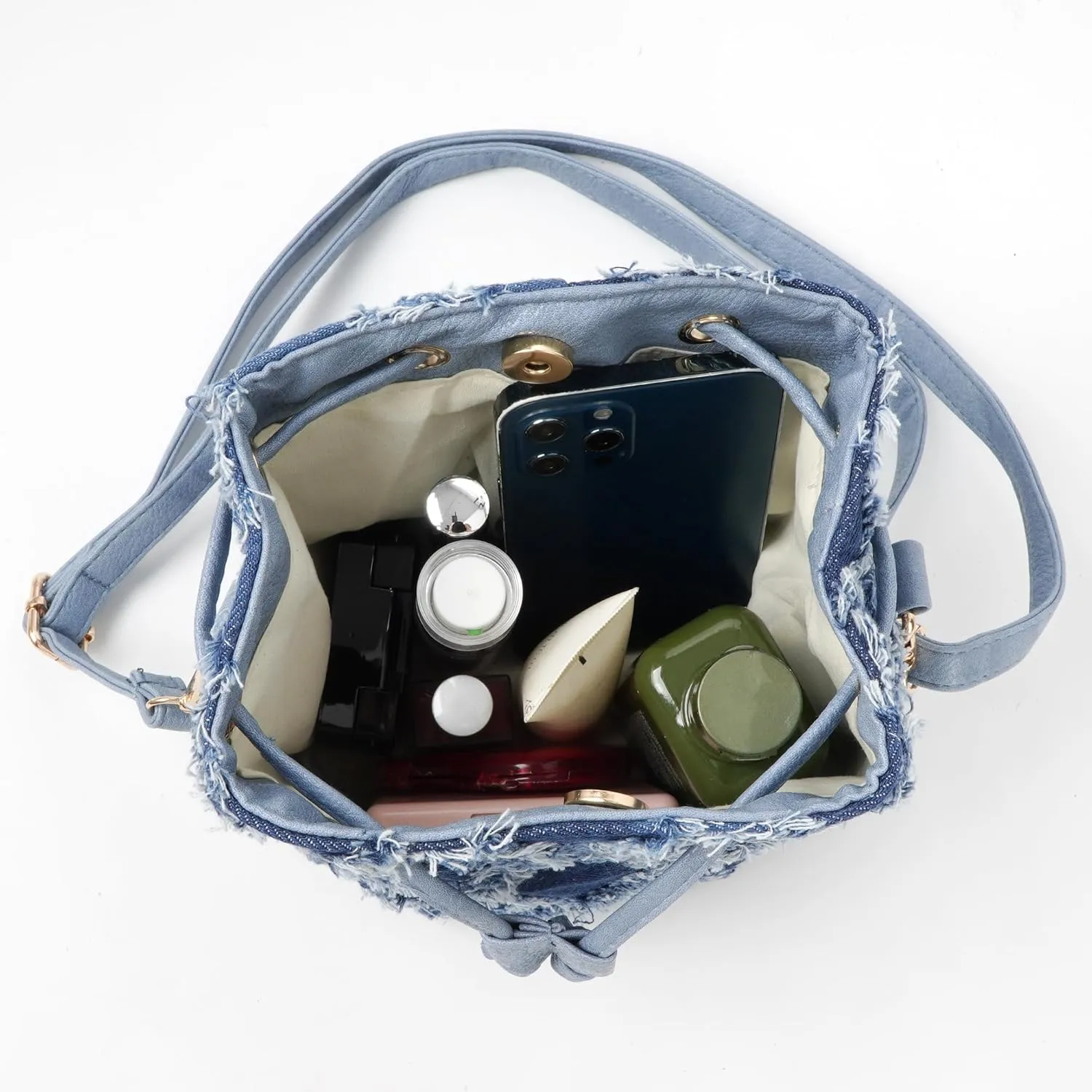 Women Denim Purse Handbag Jean Bucket Drawstring Crossbody Bag Quilted Distressed Tassel Hobo Shoulder Bag