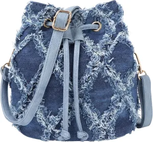 Women Denim Purse Handbag Jean Bucket Drawstring Crossbody Bag Quilted Distressed Tassel Hobo Shoulder Bag