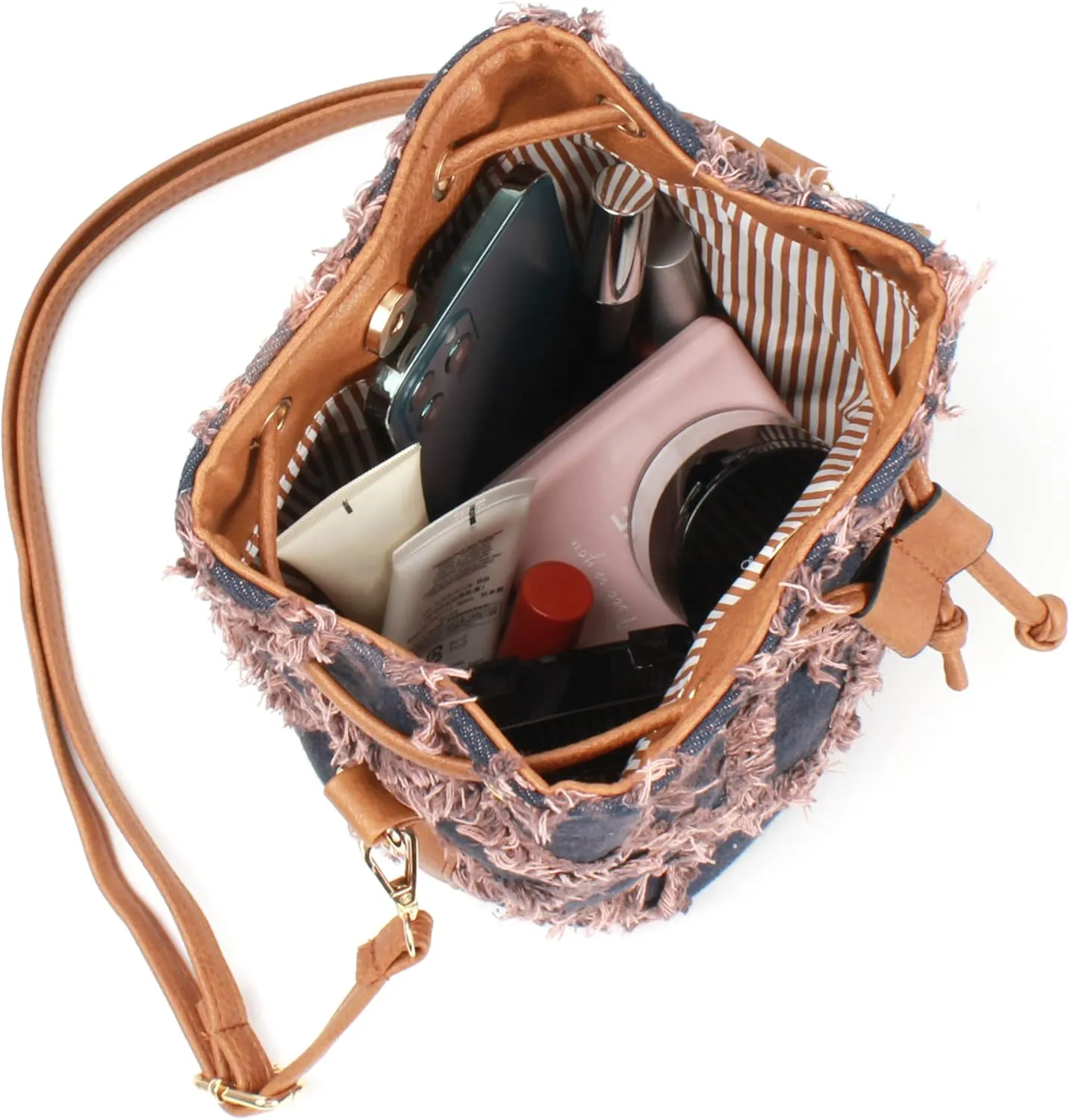 Women Denim Purse Handbag Jean Bucket Drawstring Crossbody Bag Quilted Distressed Tassel Hobo Shoulder Bag
