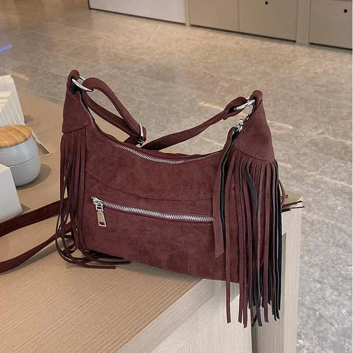 Women Fashion Fringe Purse Crossbody Bags Vegan Suede Hippie Tassel Hobo Shoulder Bag Vintage Handbags