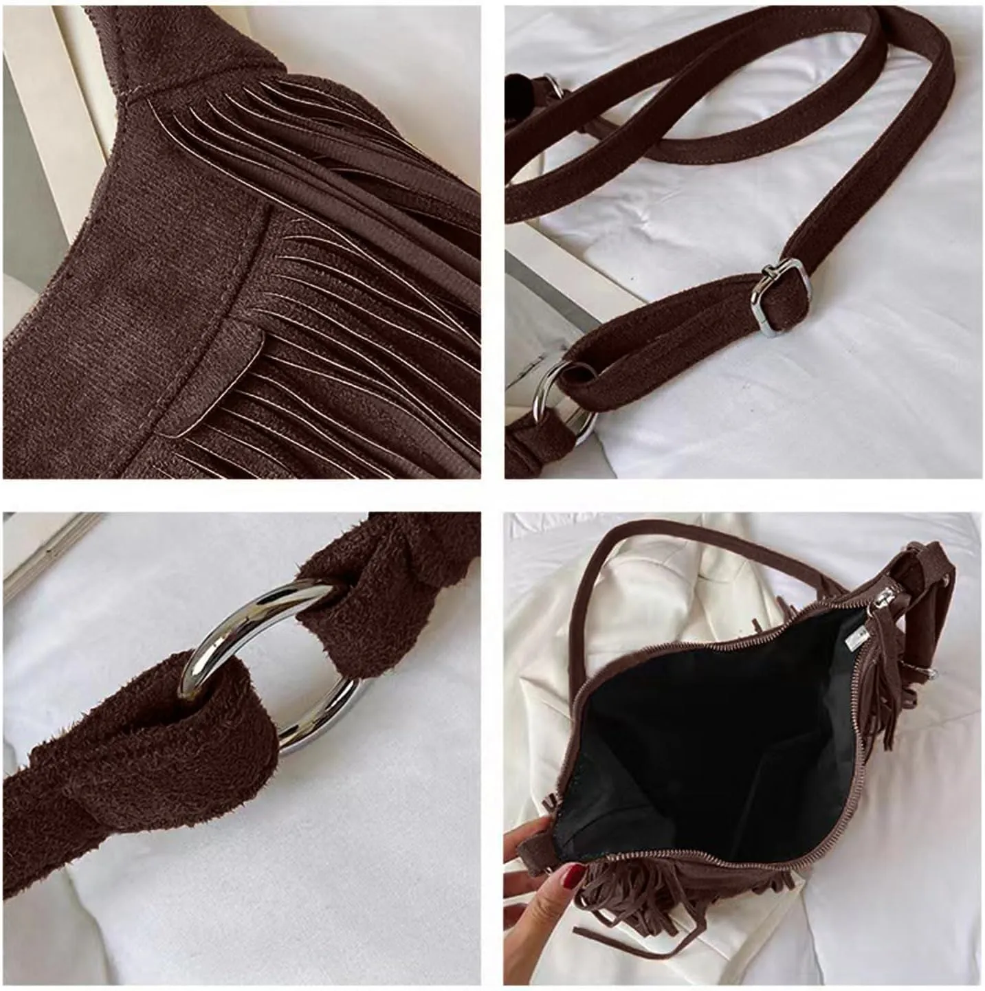 Women Fashion Fringe Purse Crossbody Bags Vegan Suede Hippie Tassel Hobo Shoulder Bag Vintage Handbags