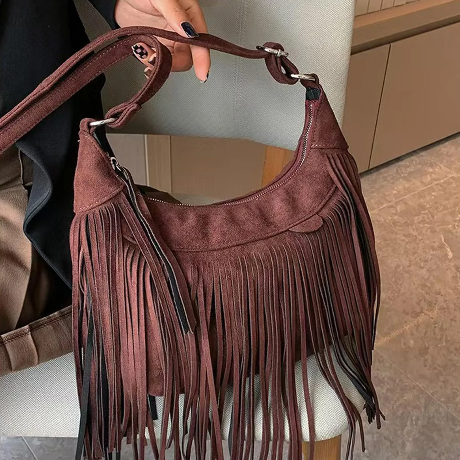 Women Fashion Fringe Purse Crossbody Bags Vegan Suede Hippie Tassel Hobo Shoulder Bag Vintage Handbags