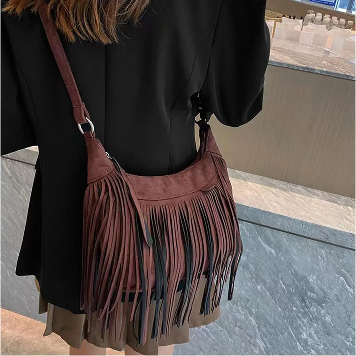 Women Fashion Fringe Purse Crossbody Bags Vegan Suede Hippie Tassel Hobo Shoulder Bag Vintage Handbags