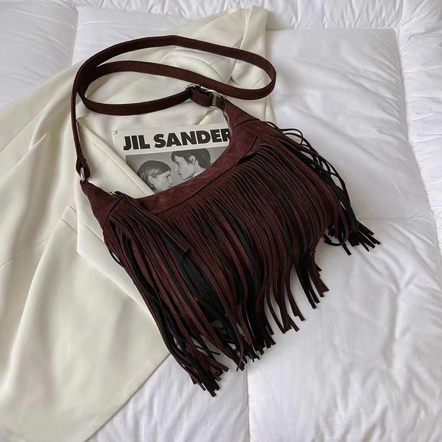 Women Fashion Fringe Purse Crossbody Bags Vegan Suede Hippie Tassel Hobo Shoulder Bag Vintage Handbags
