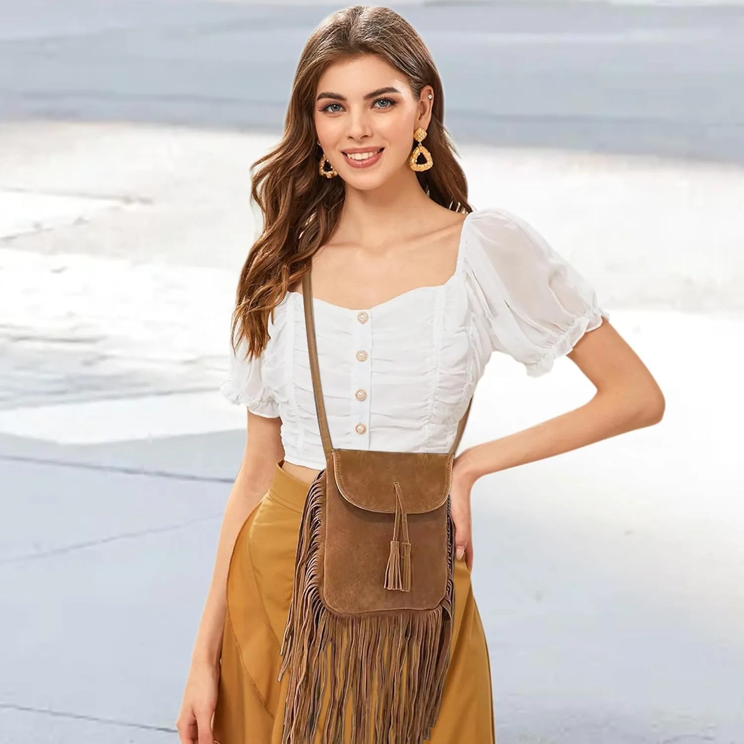 Women Fashion Small Hobo Purse Fringe Designer Cell Phone Bag Suede Tassel Crossbody Bags Shoulder Handbag