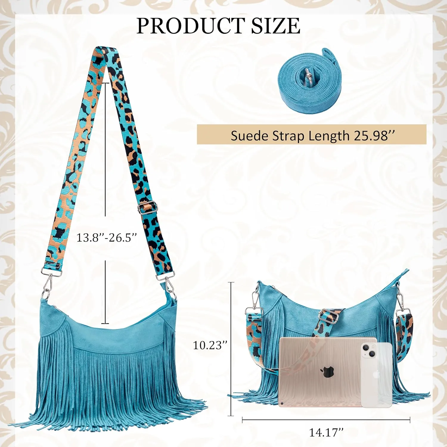 Women Faux Suede Fringed Purse Hobo Bag Tassel Crossbody with Double Long Straps