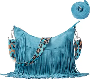 Women Faux Suede Fringed Purse Hobo Bag Tassel Crossbody with Double Long Straps