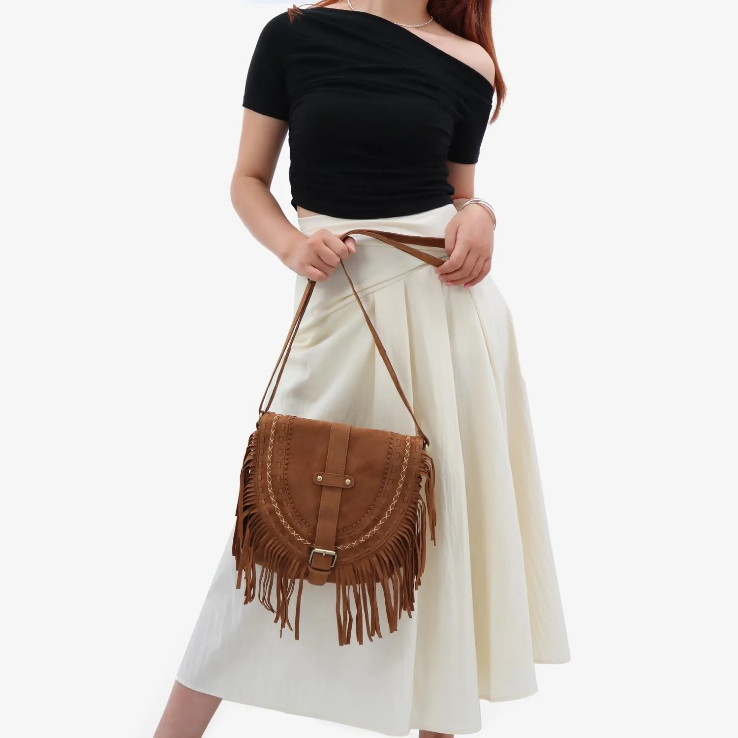 Women Fringe Hobo Bag Retro Tassel Shoulder Bag Fringe Purse Suede Tassel Hippie Saddle bag
