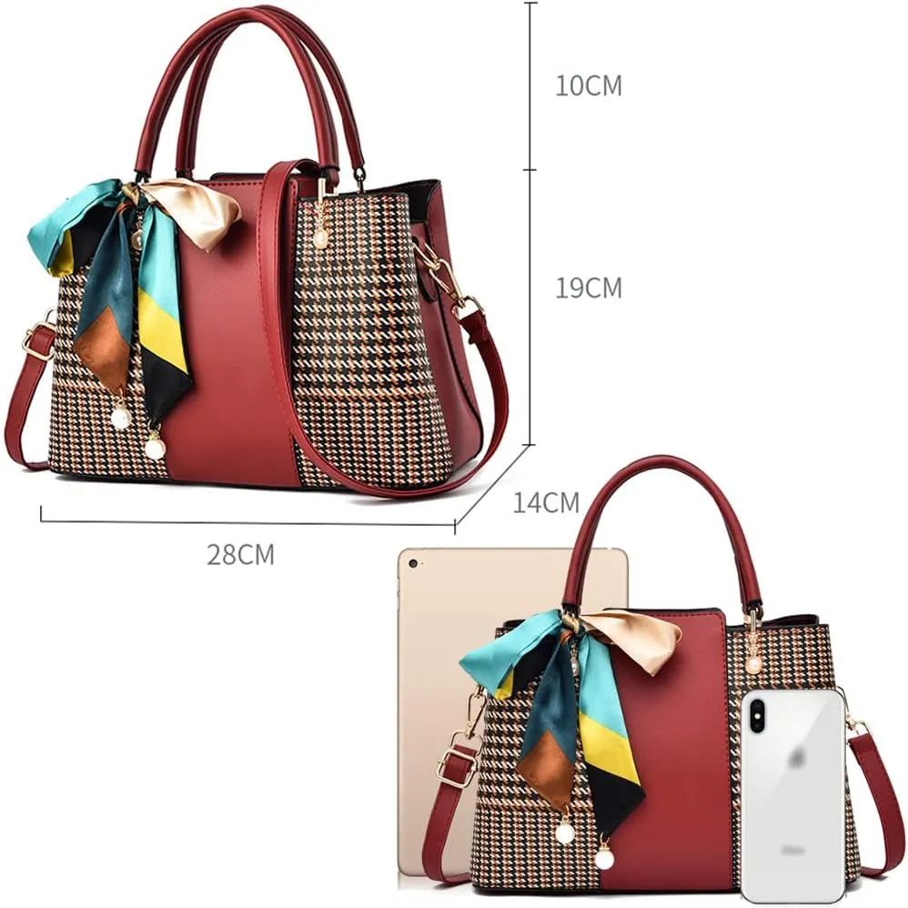 Women Handbag PU Braided Tote Bag Bow Ribbon Pearl Embellished Tote Top Handle Handbag with Detachable Shoulder Strap-Red
