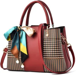 Women Handbag PU Braided Tote Bag Bow Ribbon Pearl Embellished Tote Top Handle Handbag with Detachable Shoulder Strap-Red