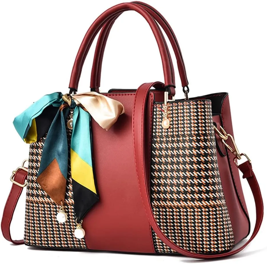 Women Handbag PU Braided Tote Bag Bow Ribbon Pearl Embellished Tote Top Handle Handbag with Detachable Shoulder Strap-Red