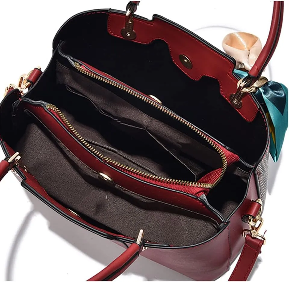 Women Handbag PU Braided Tote Bag Bow Ribbon Pearl Embellished Tote Top Handle Handbag with Detachable Shoulder Strap-Red