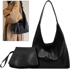 Women Leather Shoulder Bag Versatile Hobo Bag and Clutch Casual 2pcs Shoulder Bag and Handbag Set Satchel Hobo Bag